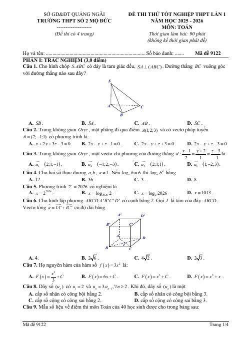 Đề thi thử TN THPT 2026 môn Toán lần 1 trường THPT Mộ Đức 2 – Quảng Ngãi